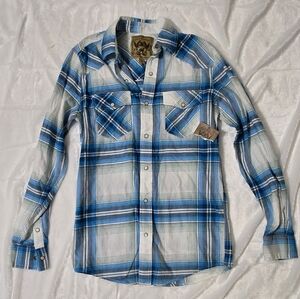 Red Camel Blue and White Plaid Button Down Shirt NWT